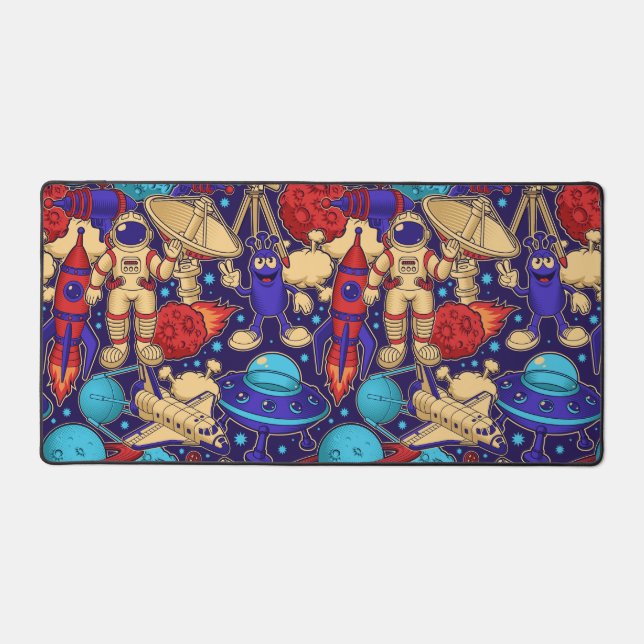Space Cartoon Astronaut Alien Shuttle Rocket Moon Desk Mat (Front)