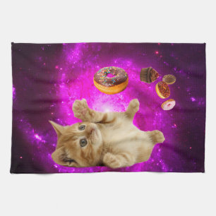 Space cat and the flying doughnuts tea towel