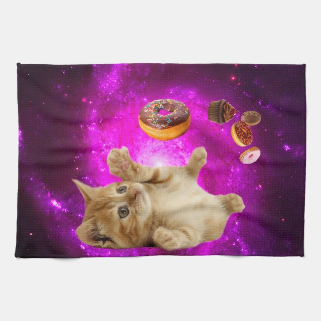 Space cat and the flying doughnuts tea towel (Horizontal)