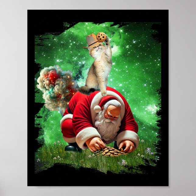 Space Cat Cowboy Riding Santa Eating Cookies  Poster (Front)