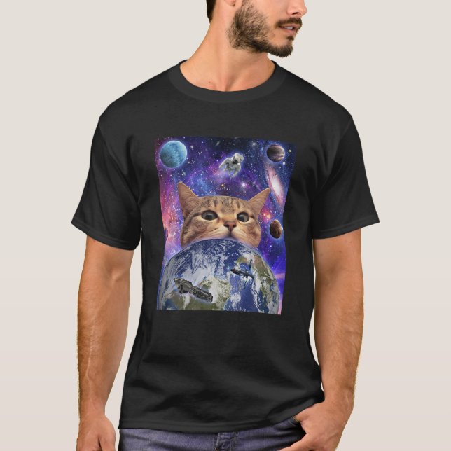 Space Cat Face In Galaxy Funny Cute Kitten Lovers  T-Shirt (Front)