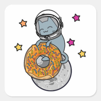 Space Cat Holding Doughnut Cute Cartoon Style Grap Square Sticker
