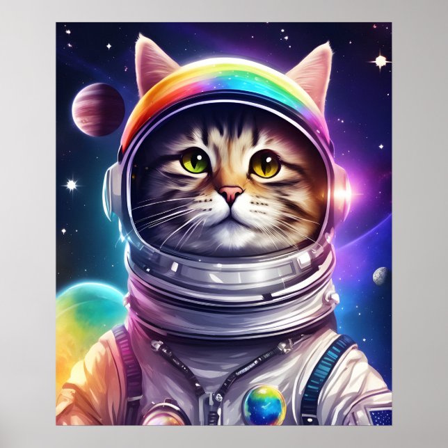 Space Cat Illustration Art, Astronaut Cat Digital Poster (Front)