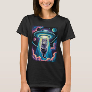 Space Cat Kitten in UFO Beam Retro Sci-Fi Galaxy K T-Shirt
