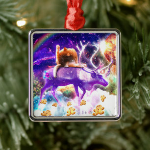 Space cat licking itself metal tree decoration