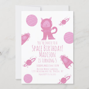Space Cat Pink Galaxy Birthday Invitation