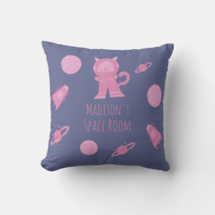 Space Cat Pink Girls Bedroom Purple Throw Pillow