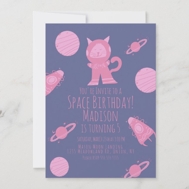 Space Cat Pink Purple Galaxy Birthday  Invitation (Front)