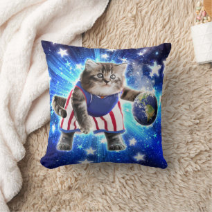 Space cat playing basketball cushion
