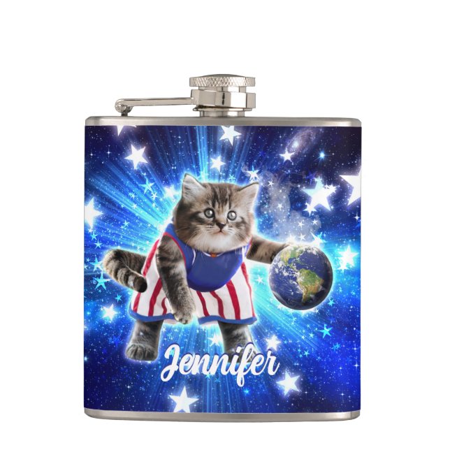 Space cat playing basketball                       hip flask (Front)