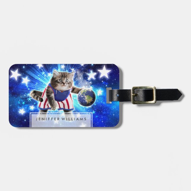 Space cat playing basketball                       luggage tag (Front Horizontal)