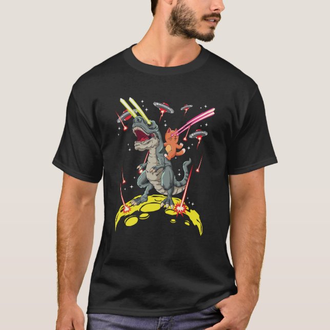 Space Cat Riding Dinosaur rex Laser Eyes Kitten T-Shirt (Front)