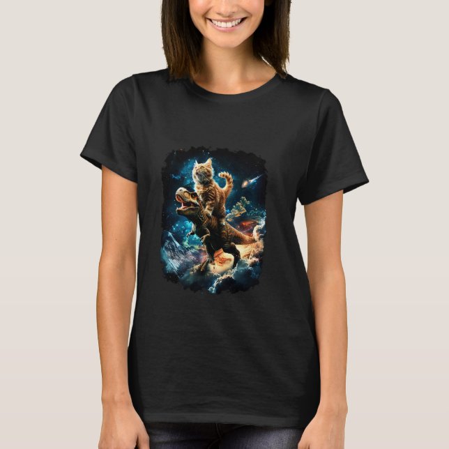 Space Cat Riding Dinosaur T Rex 1 T-Shirt (Front)