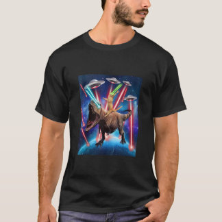 Space Cat Riding Dinosaur T rex Laser Eyes UFO Fun T-Shirt