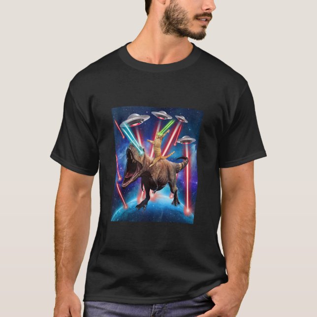 Space Cat Riding Dinosaur T rex Laser Eyes UFO Fun T-Shirt (Front)