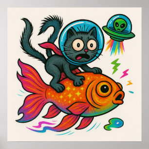 Space Cat Riding Fish Poster