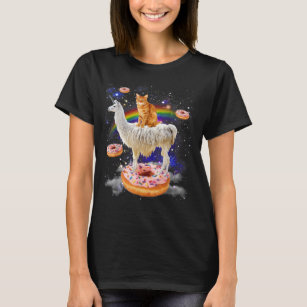 Space cat riding llama and doughnuts galaxy funny  T-Shirt