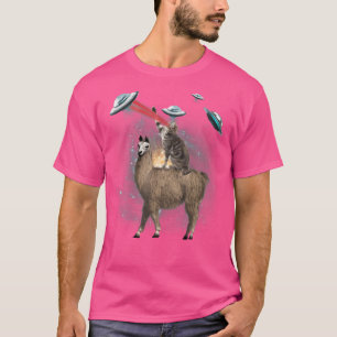 Space Cat Riding Llama Laser Eyes Ufo Funny Cat Lo T-Shirt