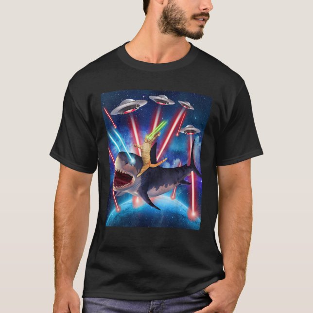 Space Cat Riding Shark Laser Eyes UFO Funny Kitty  T-Shirt (Front)