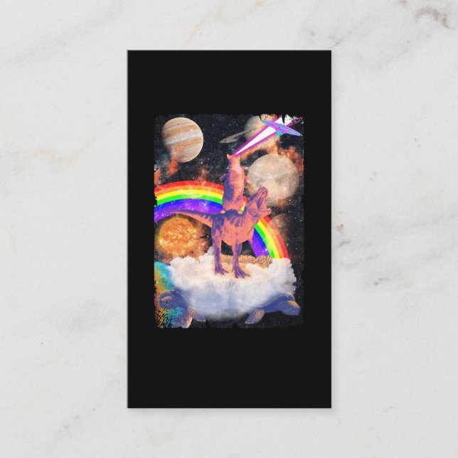 Space Cat riding Trex Turtle Planets Cosmic Business Card (Front)