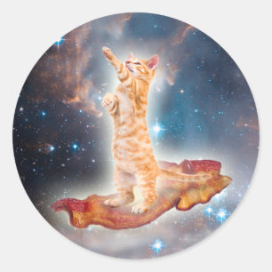 Space cat surfing on the bacon classic round sticker