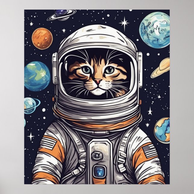 Space Cat Wall Art, Astronaut Cat Digital Art Poster (Front)