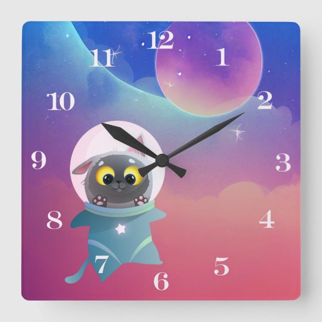 Space Cat Wall Kids Clock (Front)