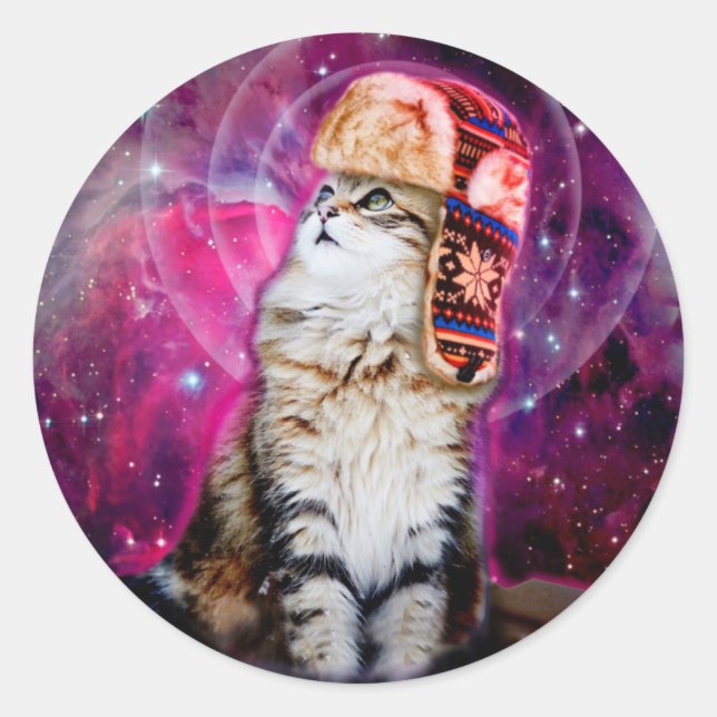 Space cat wearing russian hat classic round sticker (Front)