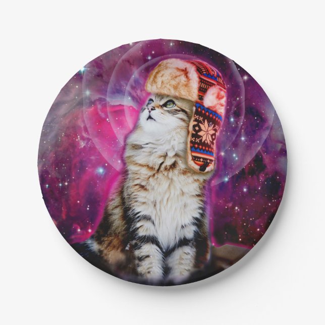 Space cat wearing russian hat paper plate (Front)