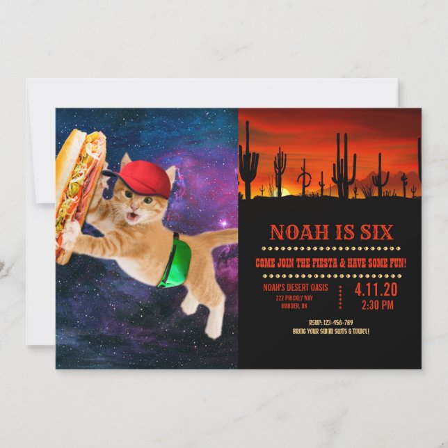 Space cat with caps and fanny pack invitation (Front)