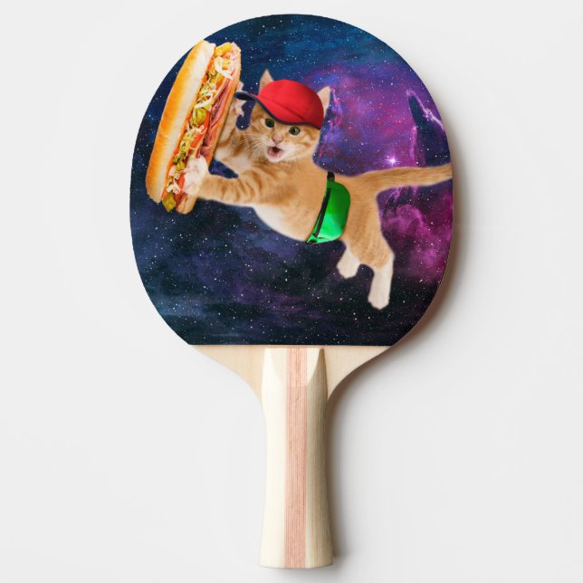 Space cat with caps and fanny pack ping pong paddle (Front)