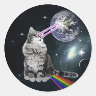 Space Cat with lasers from eyes and rainbow Classic Round Sticker
