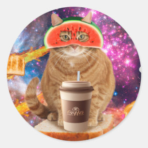 Space cat with watermelon glasses classic round sticker