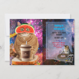 Space cat with watermelon glasses invitation