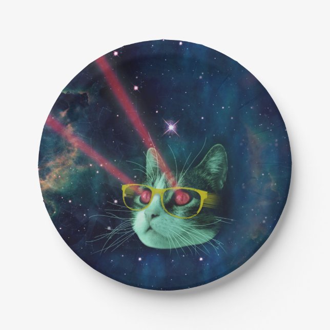 Space cat with yelow glasses paper plate (Front)