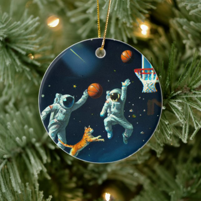 Space Cats Astronauts Playing Basketball Christmas Ceramic Tree Decoration (Tree)