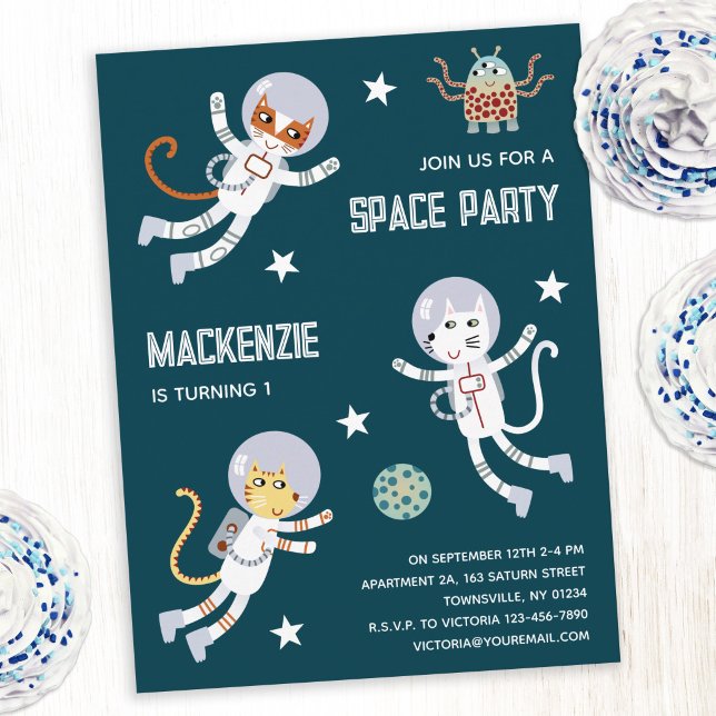 Space Cats First Birthday Party Invitation Postcard (Fun space cat first birthday party invitation postcard)