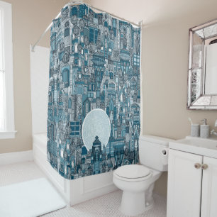 space city mono blue shower curtain