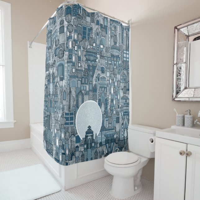 space city mono blue shower curtain (In Situ)