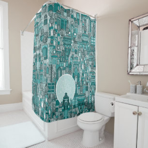 space city mono teal shower curtain