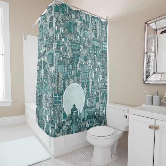 space city mono teal shower curtain (In Situ)