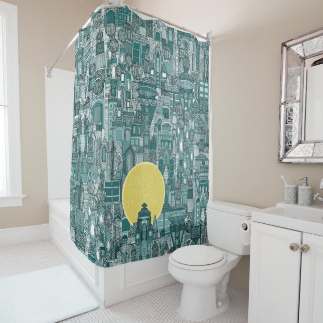 space city sun teal shower curtain (In Situ)