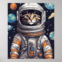 Space Cowboy Cat Print, Bright Rainbow Digital Art