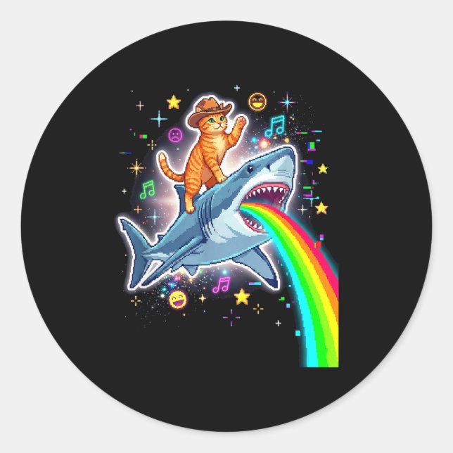 Space Cowboy Cat Riding Shark Rainbow Xel Art  Classic Round Sticker (Front)