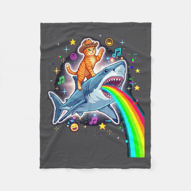 Space Cowboy Cat Riding Shark Rainbow Xel Art  Fleece Blanket (Front)