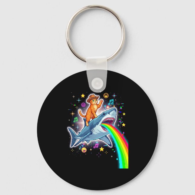 Space Cowboy Cat Riding Shark Rainbow Xel Art  Key Ring (Front)