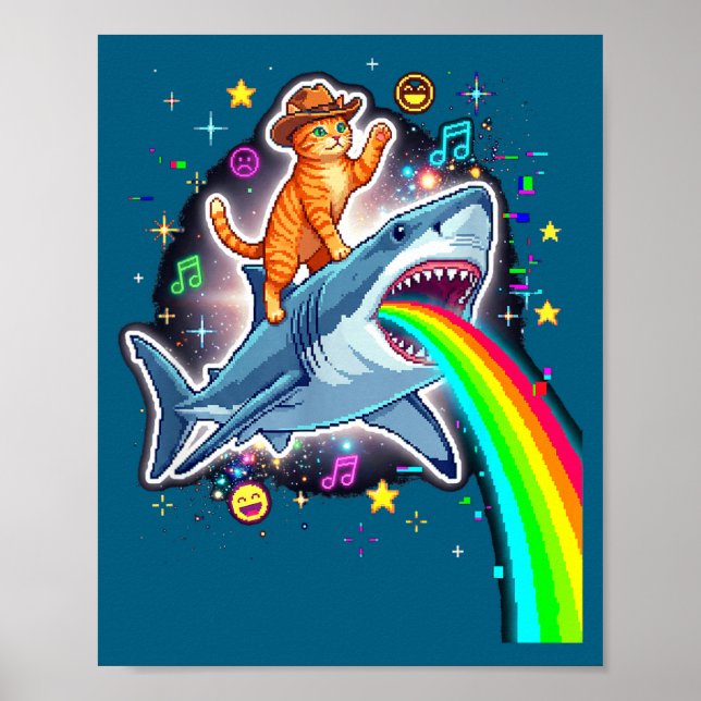 Space Cowboy Cat Riding Shark Rainbow Xel Art  Poster (Front)