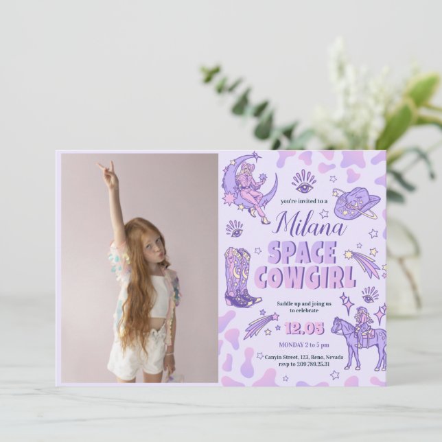 Space Cowgirl Birthday Invitation With Photo (Standing Front)