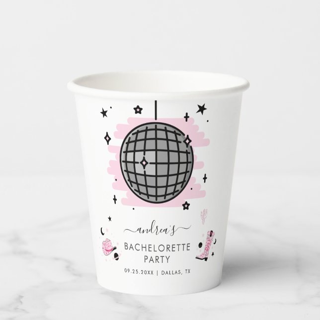 Space Cowgirl Retro Disco Bachelorette Party Pink  Paper Cups (Front)