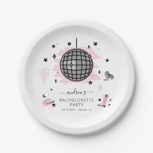Space Cowgirl Retro Disco Bachelorette Party Pink  Paper Plate